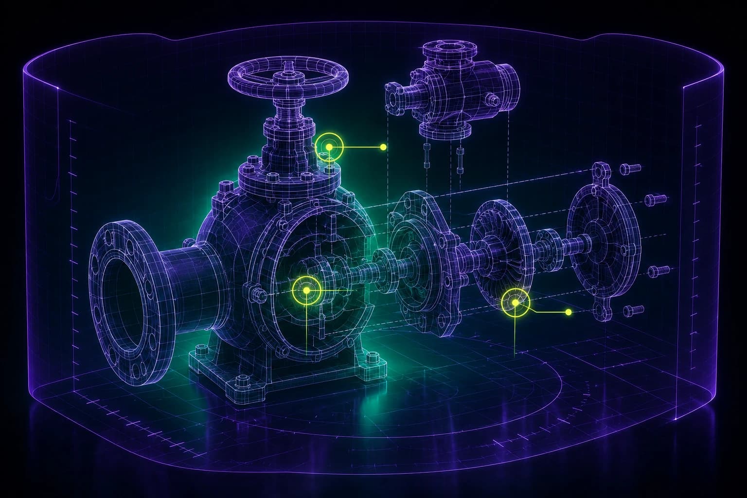 A wireframe industrial valve assembly shown exploded inside a headset's holographic training volume, with three failure points ringed in lime