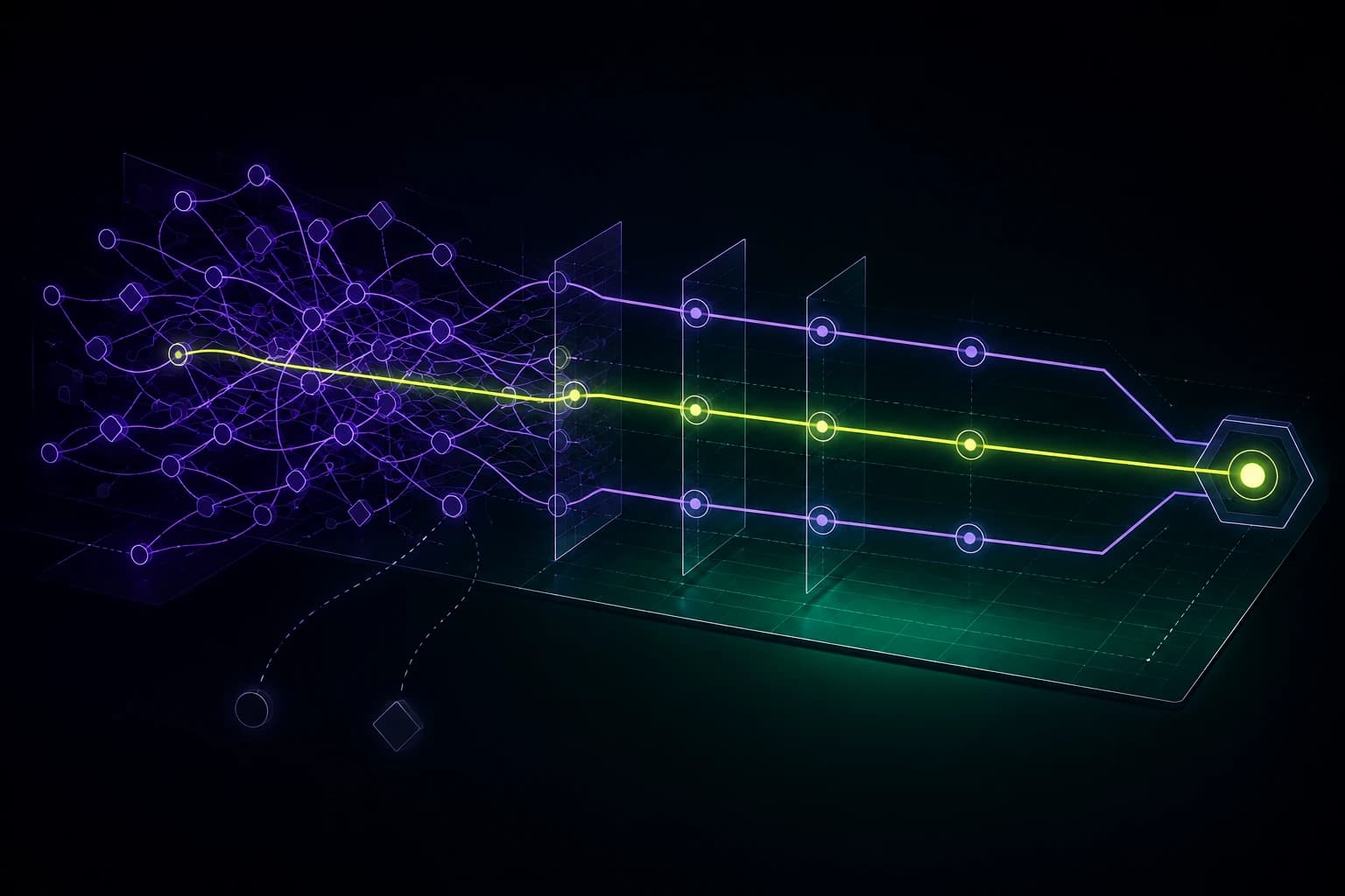 A tangle of crossed technical routes resolving into three clean parallel lanes running to a single endpoint, with two retired tools dropping away unlit