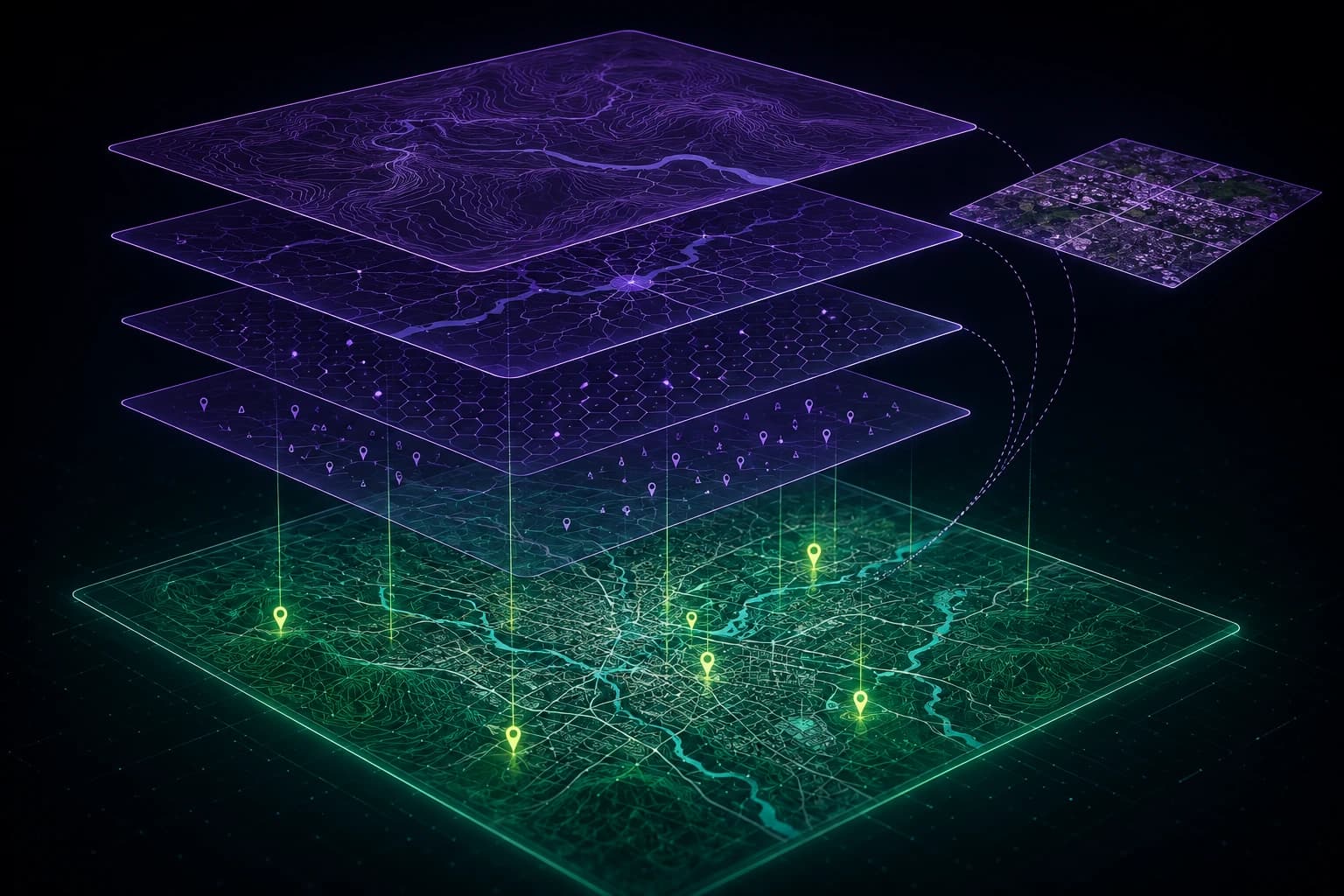 Separate terrain, road network, sensor grid, field report and imagery map layers merging downward into one lit operating picture