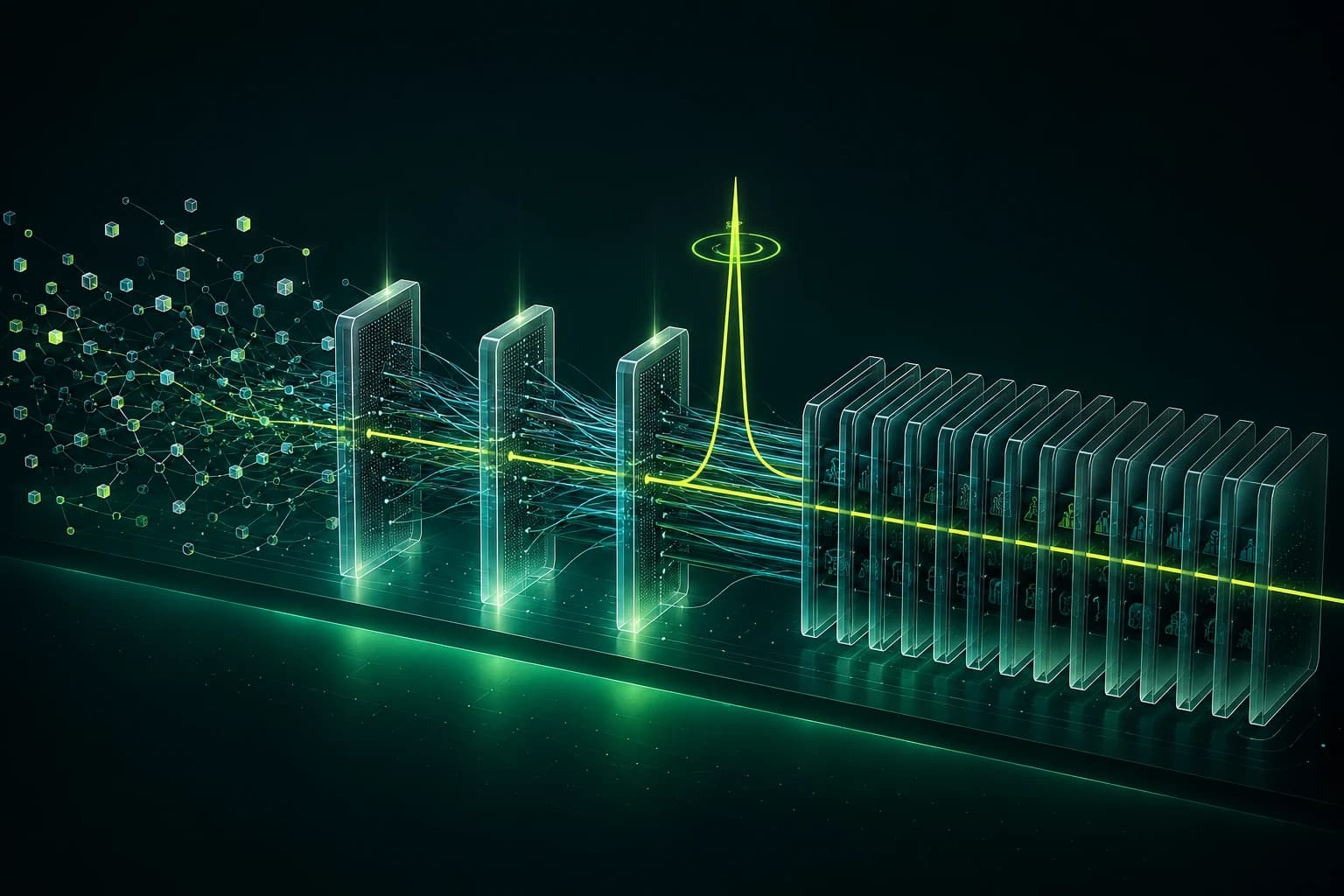 Scattered model fragments converging through three evaluation gates into an ordered stack of released versions, with a single lime signal line spiking where drift was caught