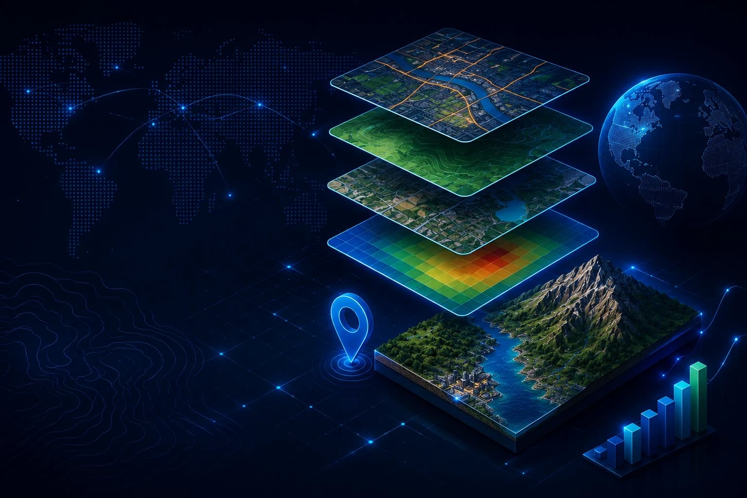 Stacked geospatial data layers - street, terrain, land use, and heatmap - resolving into a single fused 3D operating picture