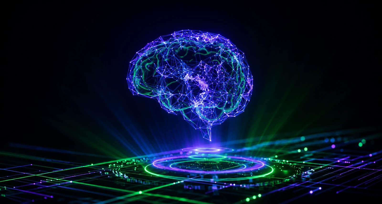 A point-cloud brain suspended in violet and green above a lit circuit plane, light rising from the rings beneath it